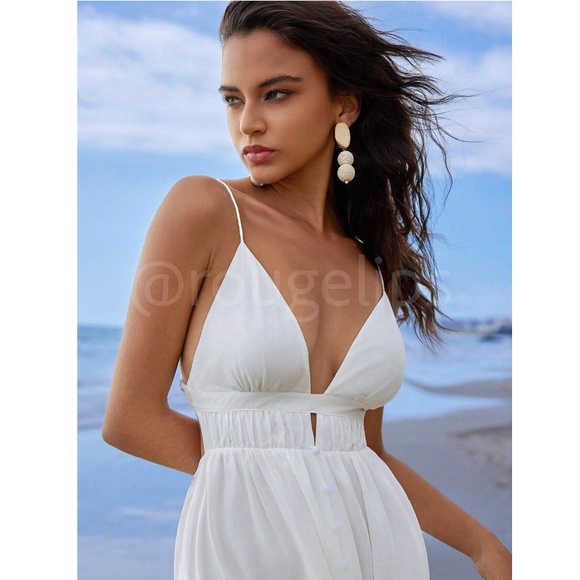 White Maxi Dress V-Neck Open Back Lined Tie Straps - Picture 3 of 9